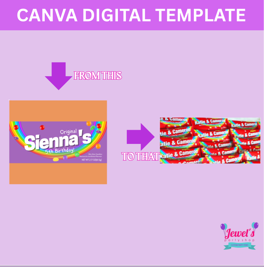 CANVA Custom Rainbow Candies DIGITAL template, INSTANT! Custom Rainbow Candies Wrappers! Custom Party Favors!