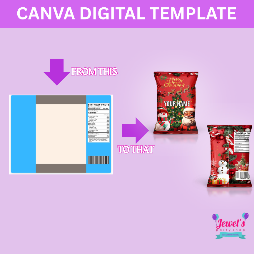 CANVA Custom Chip Bag DIGITAL template, INSTANT! Custom Chip Bag Wrappers! Custom Party Favors!
