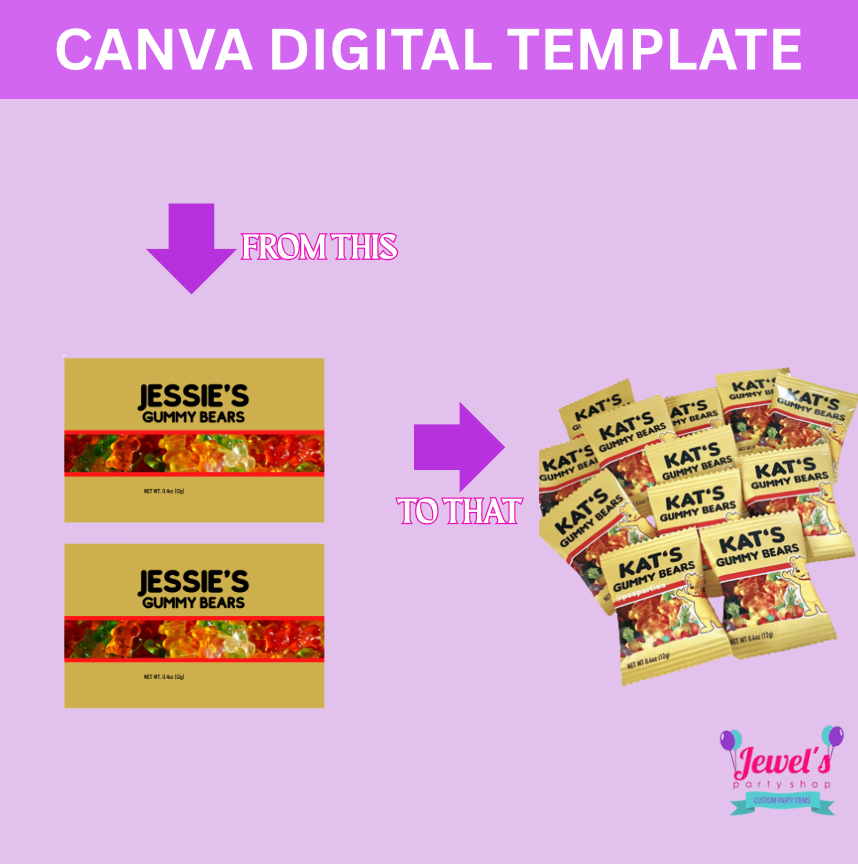 CANVA Custom Gummy Bears DIGITAL template, INSTANT! Custom Gummy Bears Wrappers! Custom Party Favors!