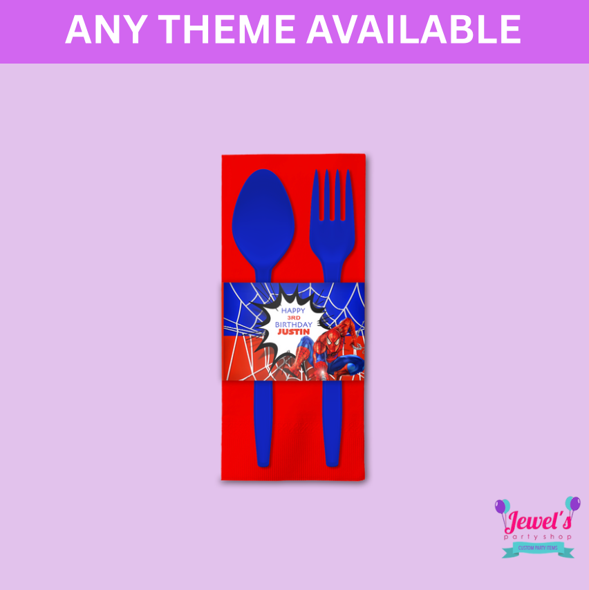 Custom Napkin Rings, Printed and Shipped! Custom Utensil Wrappers! Spiderman Party!