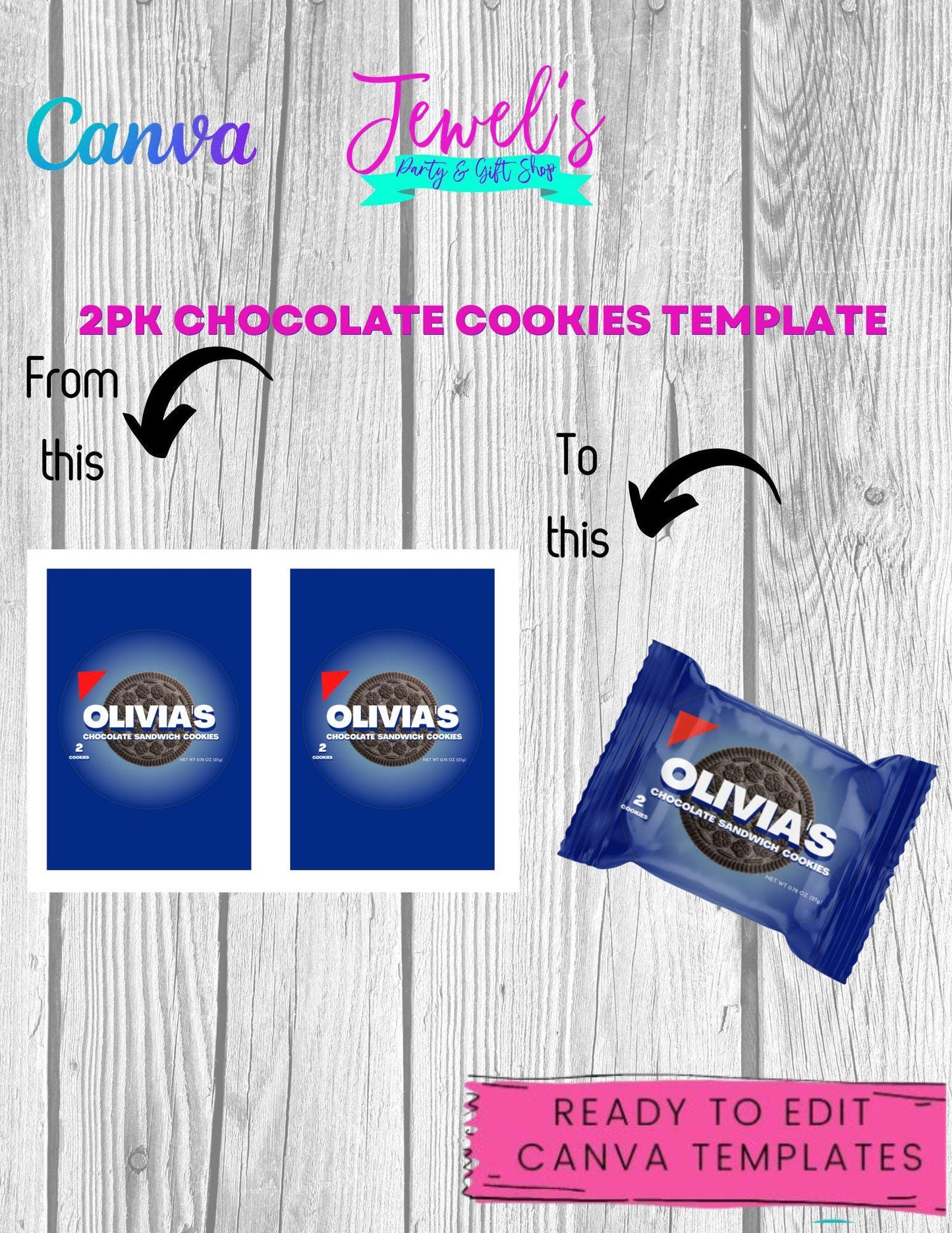 CANVA Custom 2PK Chocolate Cookies DIGITAL template, INSTANT! Custom 2PK Chocolate Cookies Wrappers! Custom Party Favors!