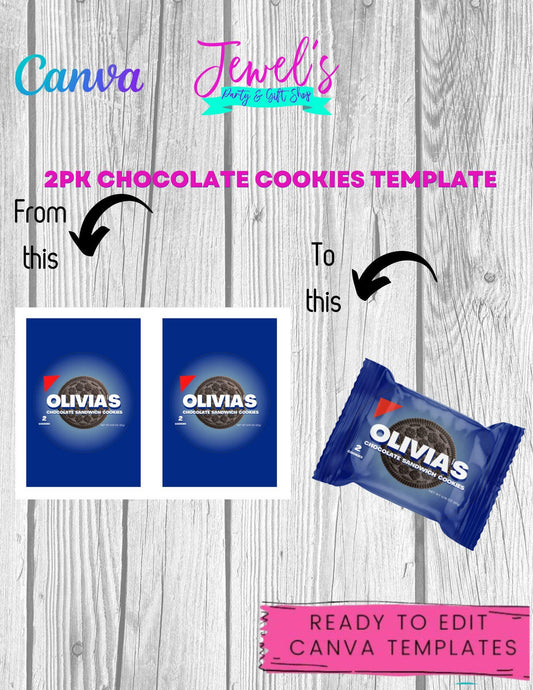 CANVA Custom 2PK Chocolate Cookies DIGITAL template, INSTANT! Custom 2PK Chocolate Cookies Wrappers! Custom Party Favors!
