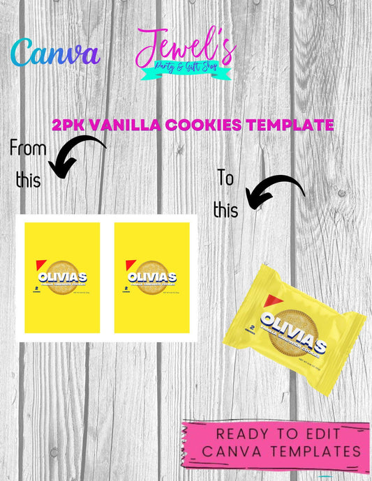 CANVA Custom 2PK Vanilla Cookies DIGITAL template, INSTANT! Custom 2PK Vanilla Cookies Wrappers! Custom Party Favors!