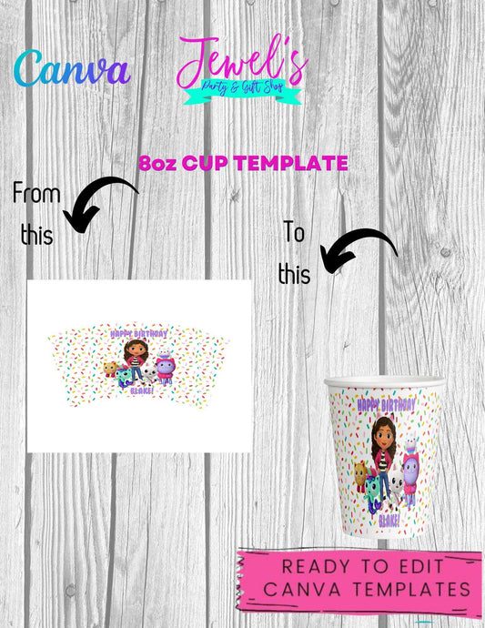 CANVA Custom 8oz Cup DIGITAL template, INSTANT! Custom 8oz Cup Wrappers! Custom Party Favors!