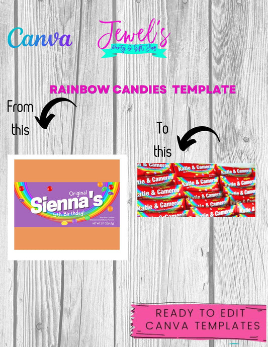 CANVA Custom Rainbow Candies DIGITAL template, INSTANT! Custom Rainbow Candies Wrappers! Custom Party Favors!