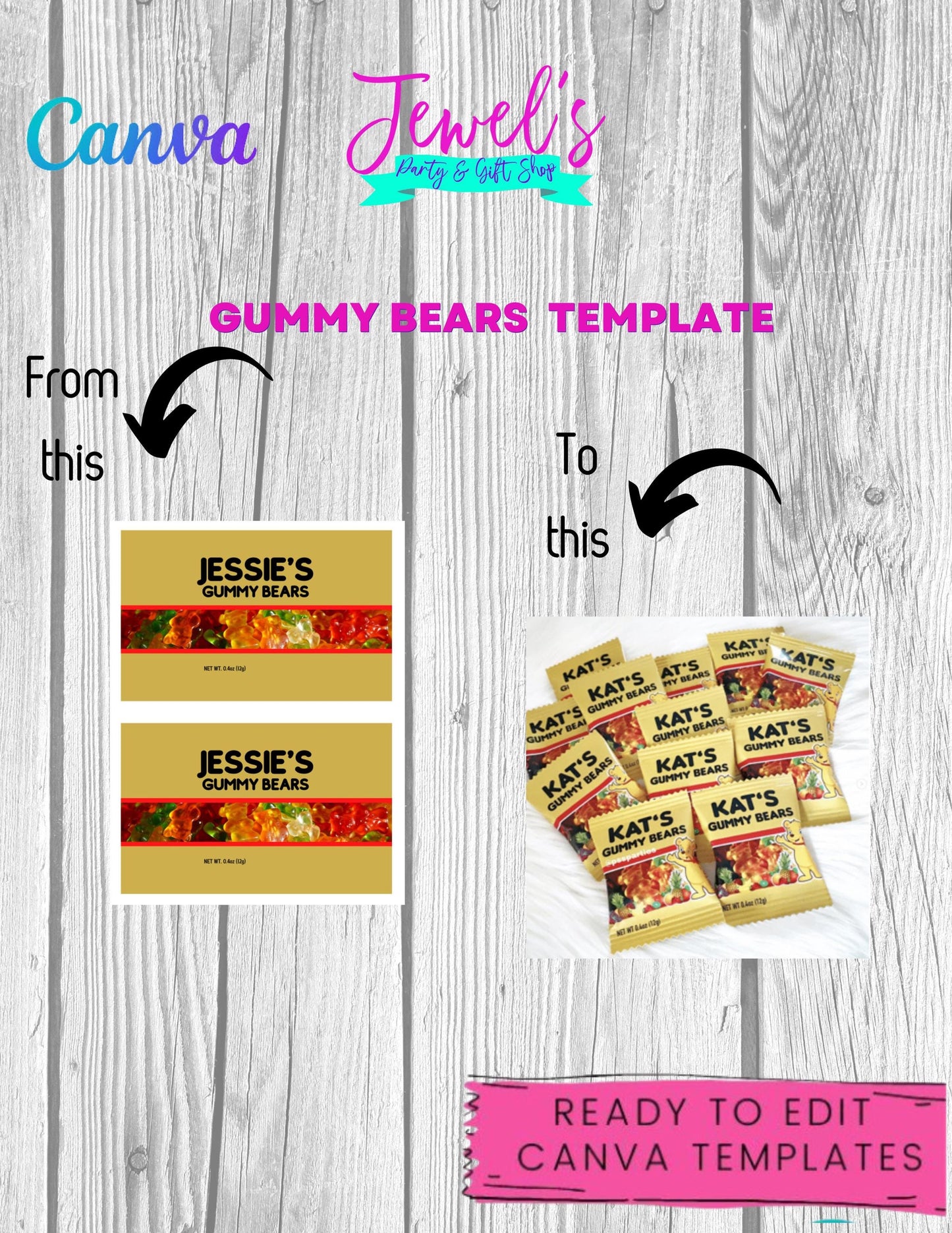 CANVA Custom Gummy Bears DIGITAL template, INSTANT! Custom Gummy Bears Wrappers! Custom Party Favors!