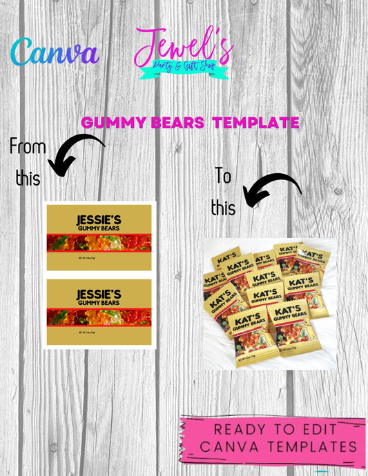 CANVA Custom Gummy Bears DIGITAL template, INSTANT! Custom Gummy Bears Wrappers! Custom Party Favors!