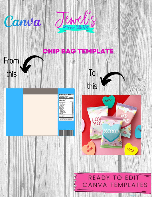 CANVA Custom Chip Bag DIGITAL template, INSTANT! Custom Chip Bag Wrappers! Custom Party Favors!